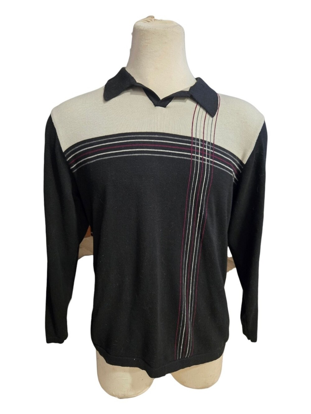 Geoffrey Beene Black and Cream Long-Sleeve Polo